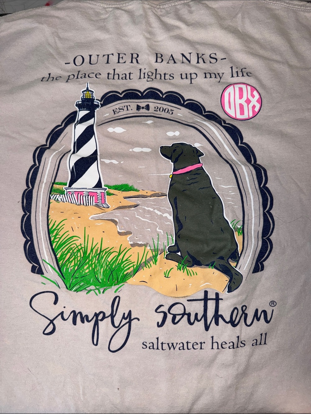 Simply Southern Sand Tee with Black Dog and Lighthouse Graphic